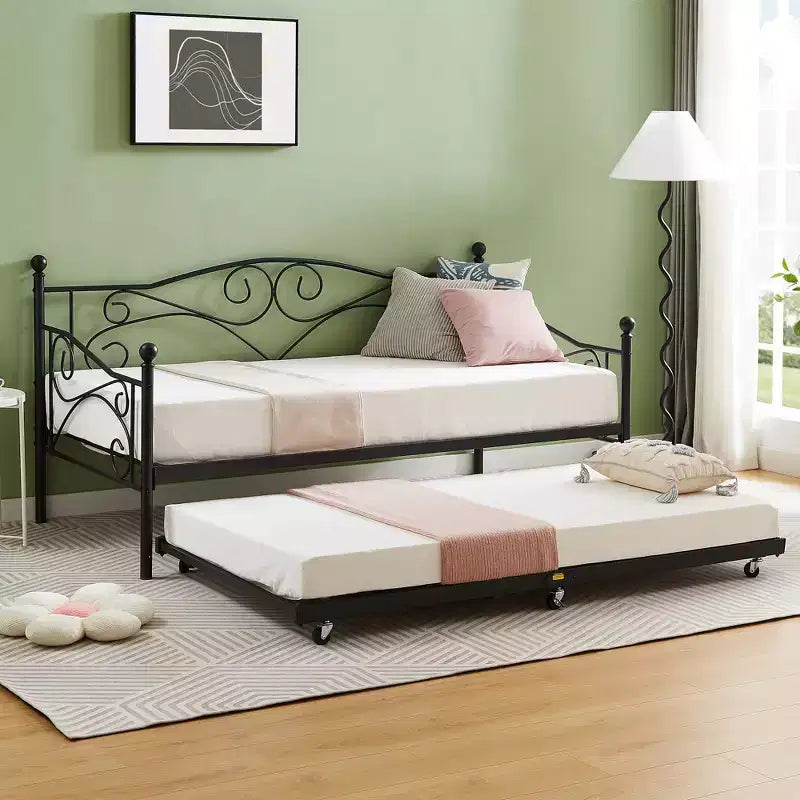 VECELO Struttura per Letto Estraibile Singolo/Rotelle/Supporto a Doghe in Metallo Migliorato e Rinforzato con Rotelle Bloccabili, Nero/Bianco