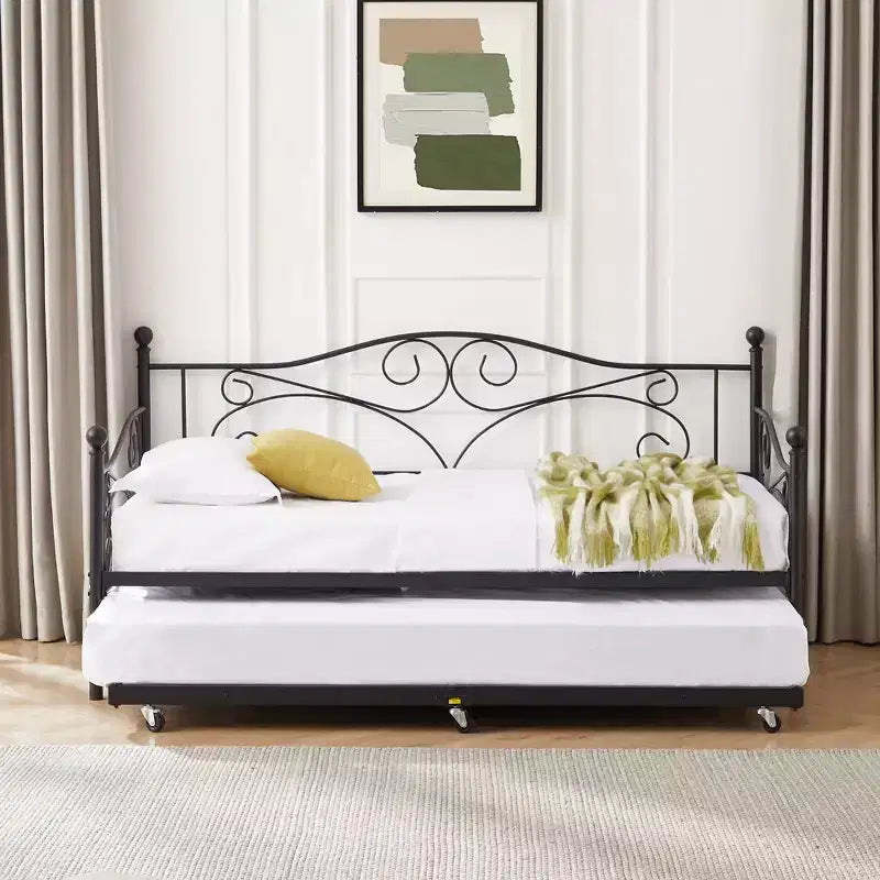 VECELO Struttura per Letto Estraibile Singolo/Rotelle/Supporto a Doghe in Metallo Migliorato e Rinforzato con Rotelle Bloccabili, Nero/Bianco