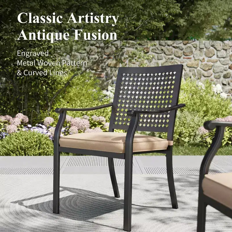 Captiva Designs Set da pranzo da patio 8 pezzi con tavolo rettangolare in acciaio e sedie in acciaio nere e ombrellone beige