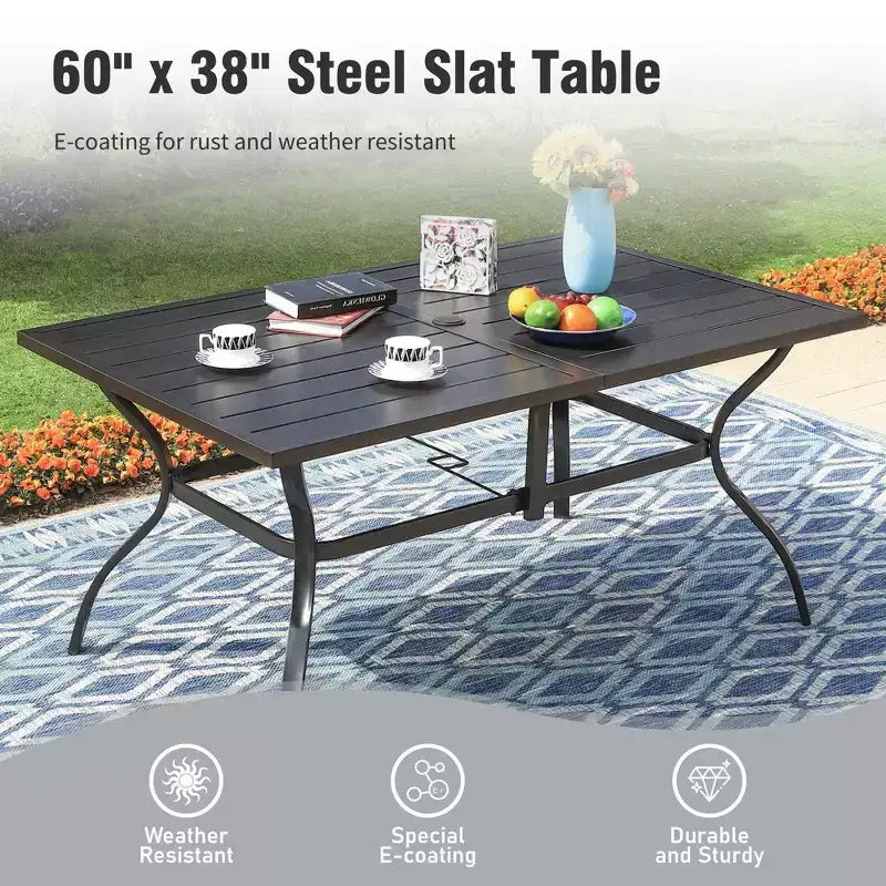 Captiva Designs Set da pranzo da patio 8 pezzi con tavolo rettangolare in acciaio e sedie in acciaio nere e ombrellone beige