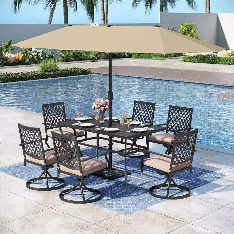 Captiva Designs Set da pranzo da patio 8 pezzi con tavolo rettangolare in acciaio e sedie in acciaio nere e ombrellone beige