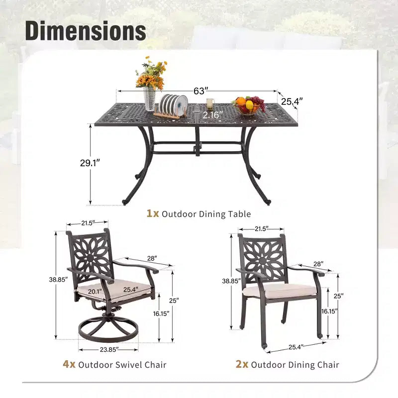 Captiva Designs Set da Pranzo da Esterno 7 Pezzi in Alluminio Pressofuso con Tavolo Rettangolare e Sedie con Schienale a Fiori