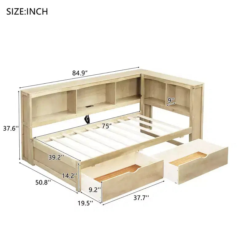 Letto a giorno Whisen Twin Size con due cassetti portaoggetti, armadietti e porte USB