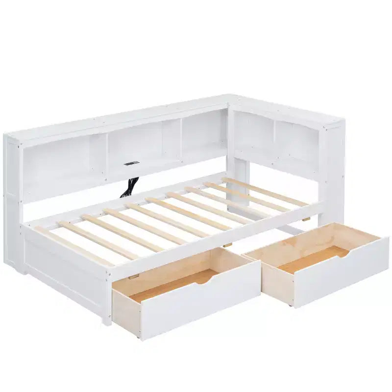 Letto a giorno Whisen Twin Size con due cassetti portaoggetti, armadietti e porte USB