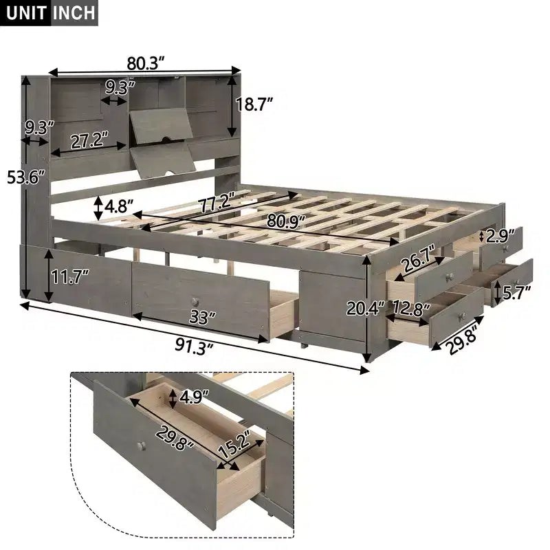 Letto Queen Size Whisen con testiera a contenitore e 8 cassetti