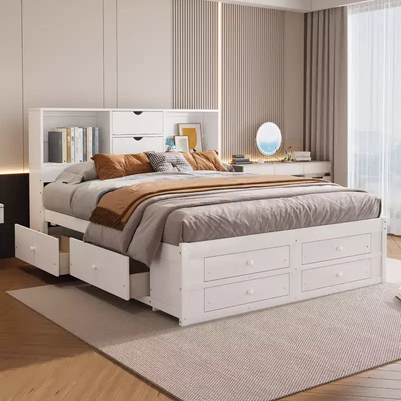 Letto Queen Size Whisen con testiera a contenitore e 8 cassetti