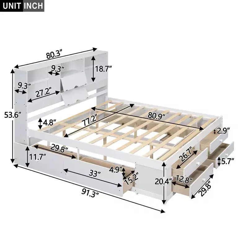 Letto Queen Size Whisen con testiera a contenitore e 8 cassetti