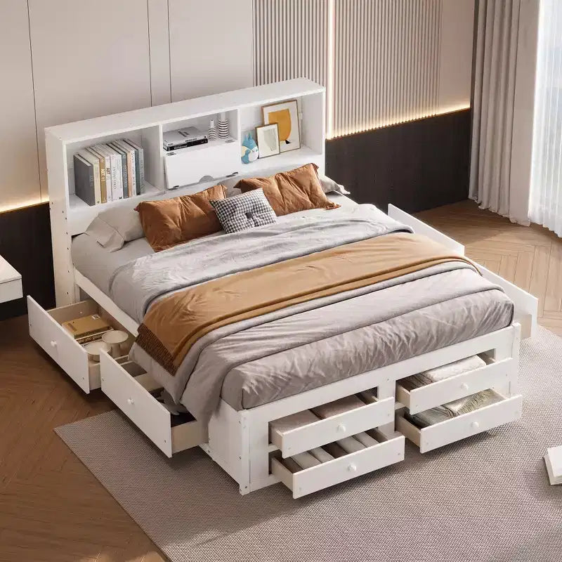 Letto Queen Size Whisen con testiera a contenitore e 8 cassetti