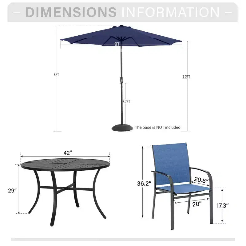 Captiva Designs - Set da pranzo da esterno 6 pezzi con tavolo in acciaio, sedie a fionda blu e ombrellone blu