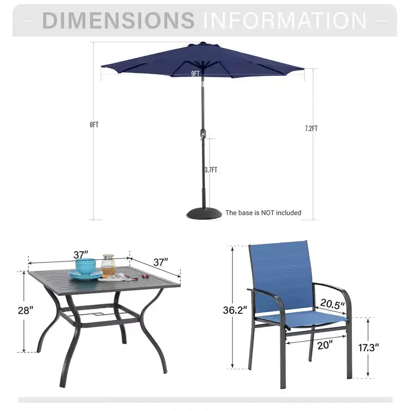 Captiva Designs - Set da pranzo da esterno 6 pezzi con tavolo in acciaio, sedie a fionda blu e ombrellone blu