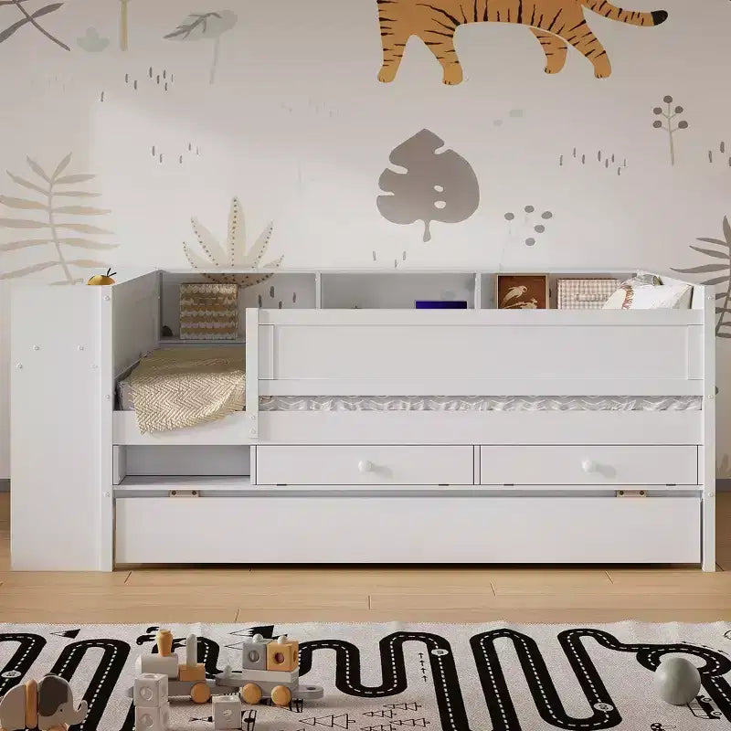 Letto a Divano Singolo Multi-Funzionale con Cassetti e Letto Estraibile, Vano Portaoggetti nella Testiera, Tavolino e Stazione di Ricarica USB ModernLuxe