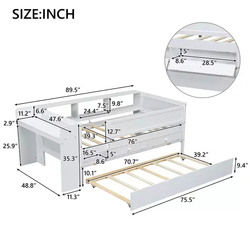 Letto a Divano Singolo Multi-Funzionale con Cassetti e Letto Estraibile, Vano Portaoggetti nella Testiera, Tavolino e Stazione di Ricarica USB ModernLuxe