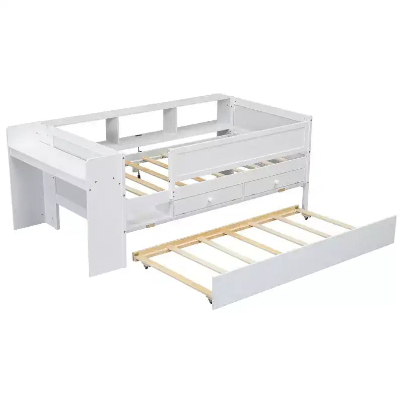 Letto a Divano Singolo Multi-Funzionale con Cassetti e Letto Estraibile, Vano Portaoggetti nella Testiera, Tavolino e Stazione di Ricarica USB ModernLuxe