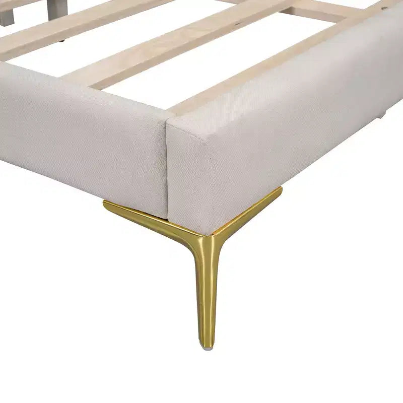 Letto a giorno imbottito Twin/Full Size con testiera, bracciolo e gambe di supporto, grigio/beige-ModernLuxe