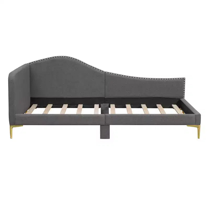 Letto a giorno imbottito Twin/Full Size con testiera, bracciolo e gambe di supporto, grigio/beige-ModernLuxe
