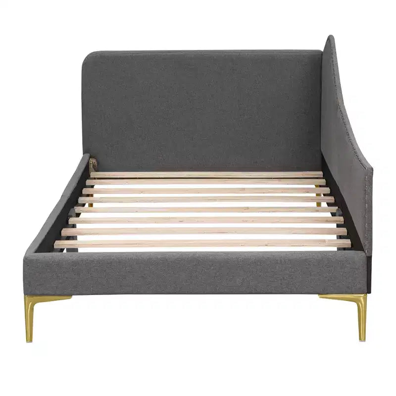 Letto a giorno imbottito Twin/Full Size con testiera, bracciolo e gambe di supporto, grigio/beige-ModernLuxe
