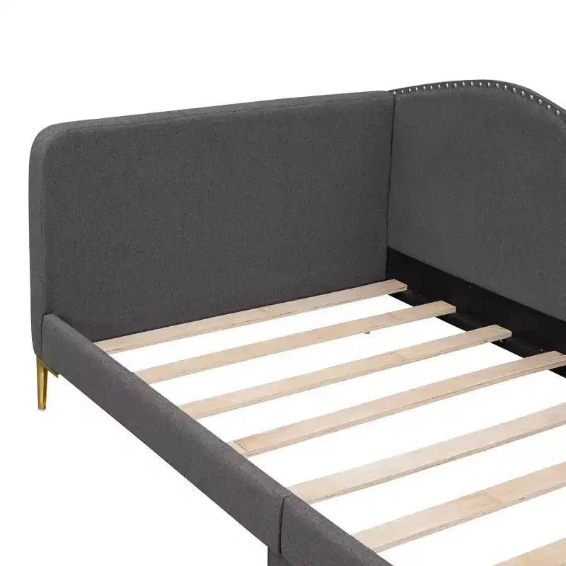 Letto a giorno imbottito Twin/Full Size con testiera, bracciolo e gambe di supporto, grigio/beige-ModernLuxe
