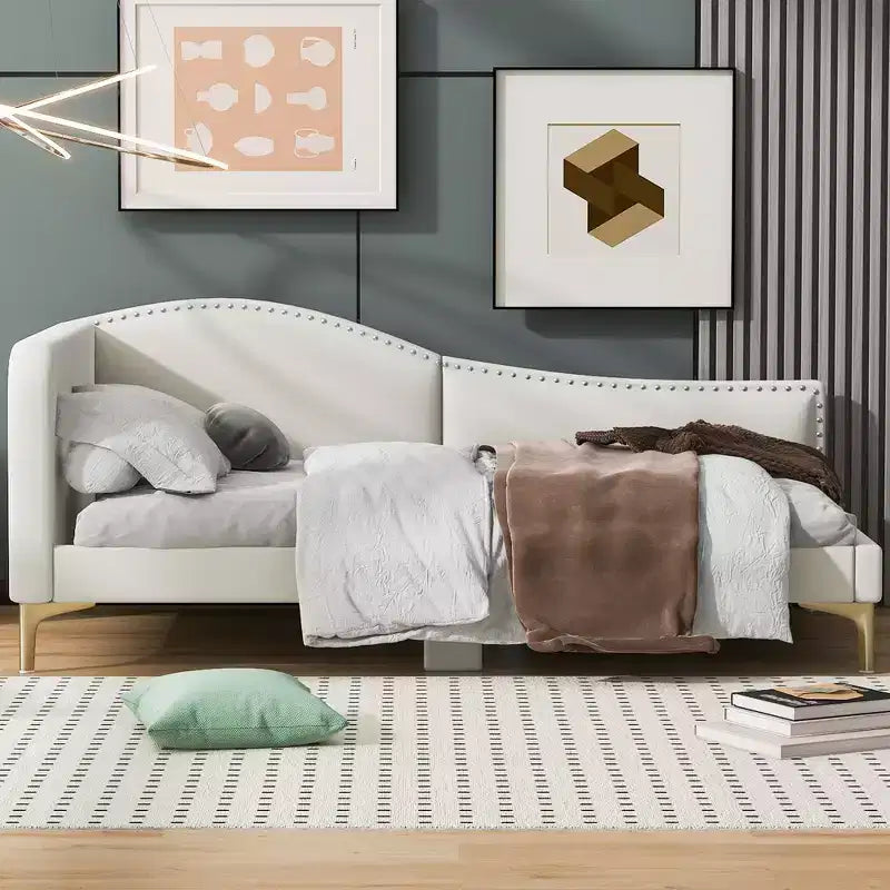 Letto a giorno imbottito Twin/Full Size con testiera, bracciolo e gambe di supporto, grigio/beige-ModernLuxe