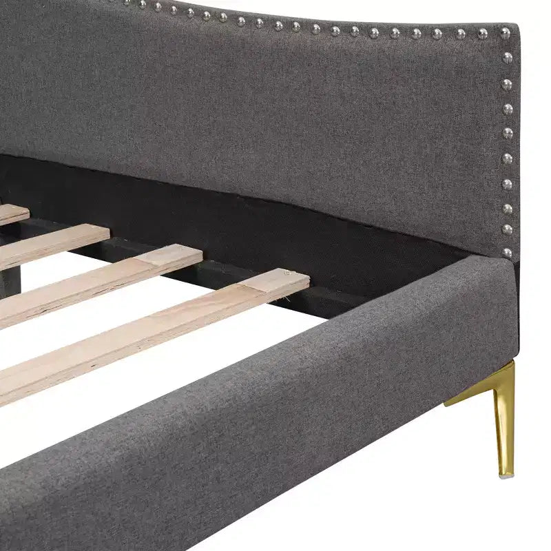 Letto a giorno imbottito Twin/Full Size con testiera, bracciolo e gambe di supporto, grigio/beige-ModernLuxe
