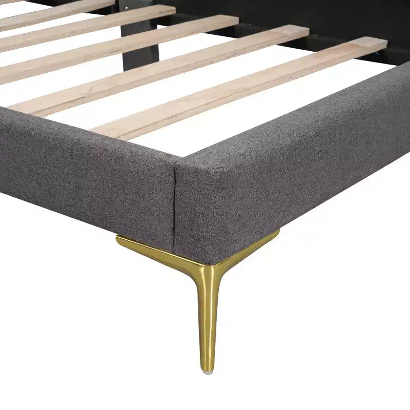 Letto a giorno imbottito Twin/Full Size con testiera, bracciolo e gambe di supporto, grigio/beige-ModernLuxe