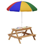 Qaba Kids Picnic Table, Wooden Outdoor Table & Bench Set with Removable Umbrella for Patio, Backyard, Mixed Color