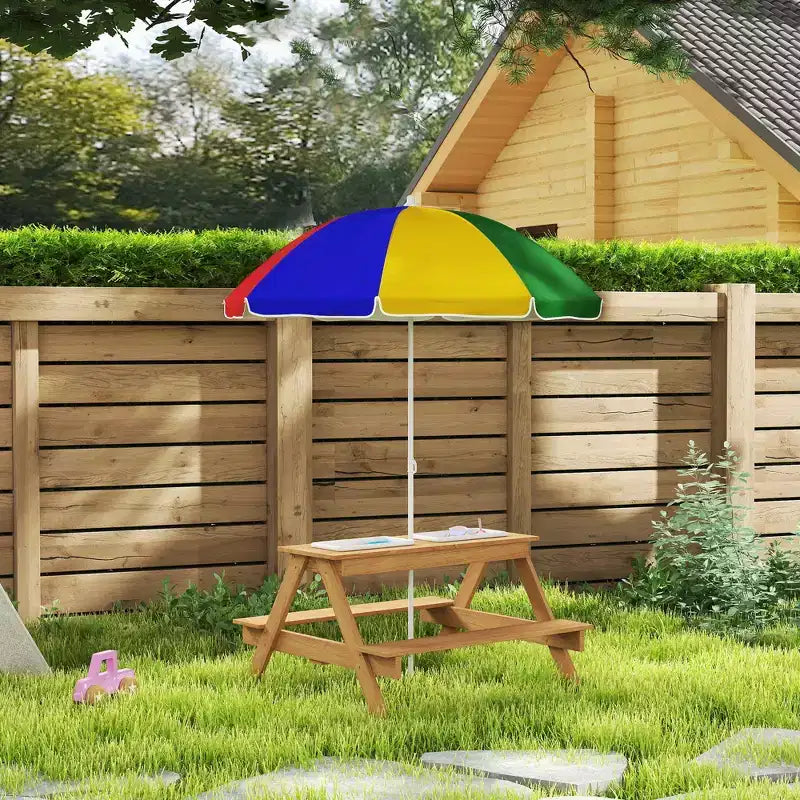 Tavolo da Picnic per Bambini Qaba, Set Tavolo e Panca da Esterno in Legno con Ombrellone Rimovibile per Patio, Giardino, Colori Misti