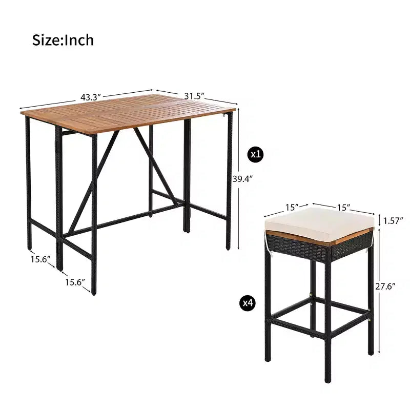 Set da bar da esterno Whisen a 5 pezzi in vimini di rattan PE con tavolo pieghevole e cuscini