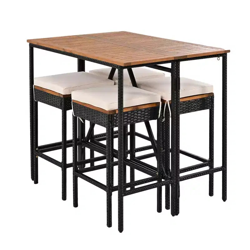 Set da bar da esterno Whisen a 5 pezzi in vimini di rattan PE con tavolo pieghevole e cuscini