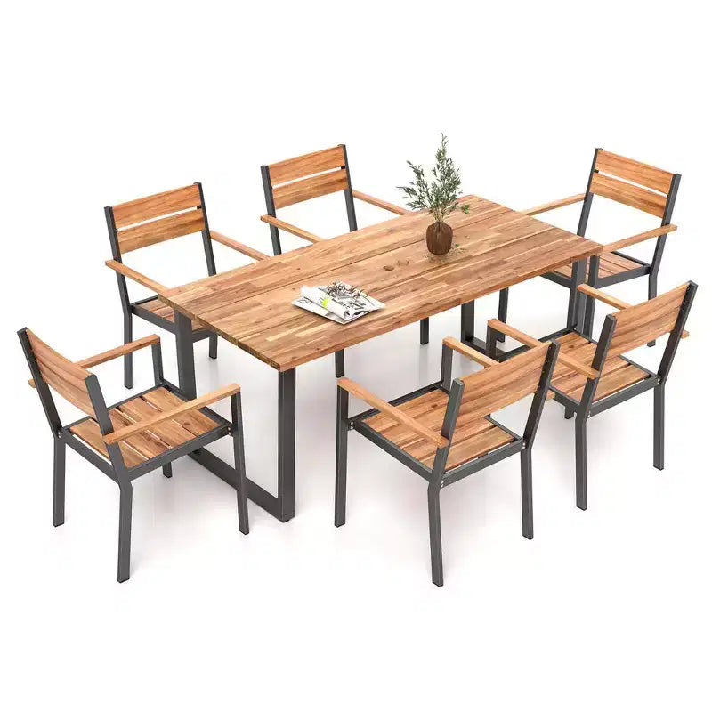 Costway Set da Pranzo per Esterno in Legno di Acacia, 7 Pezzi, 6 Poltrone e Tavolo da 69" con 2 Fori per Ombrellone
