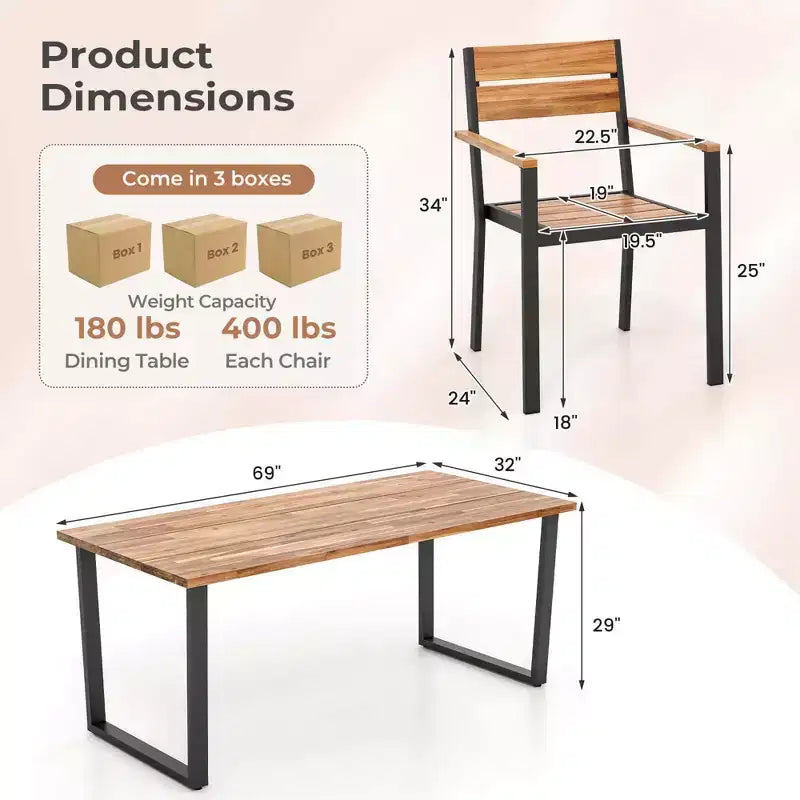 Costway Set da Pranzo per Esterno in Legno di Acacia, 7 Pezzi, 6 Poltrone e Tavolo da 69" con 2 Fori per Ombrellone