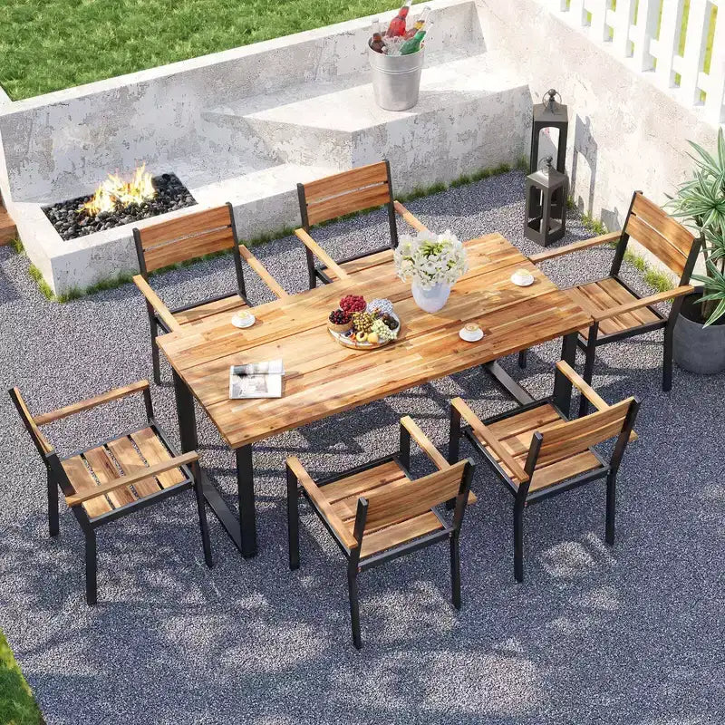 Costway Set da Pranzo per Esterno in Legno di Acacia, 7 Pezzi, 6 Poltrone e Tavolo da 69" con 2 Fori per Ombrellone