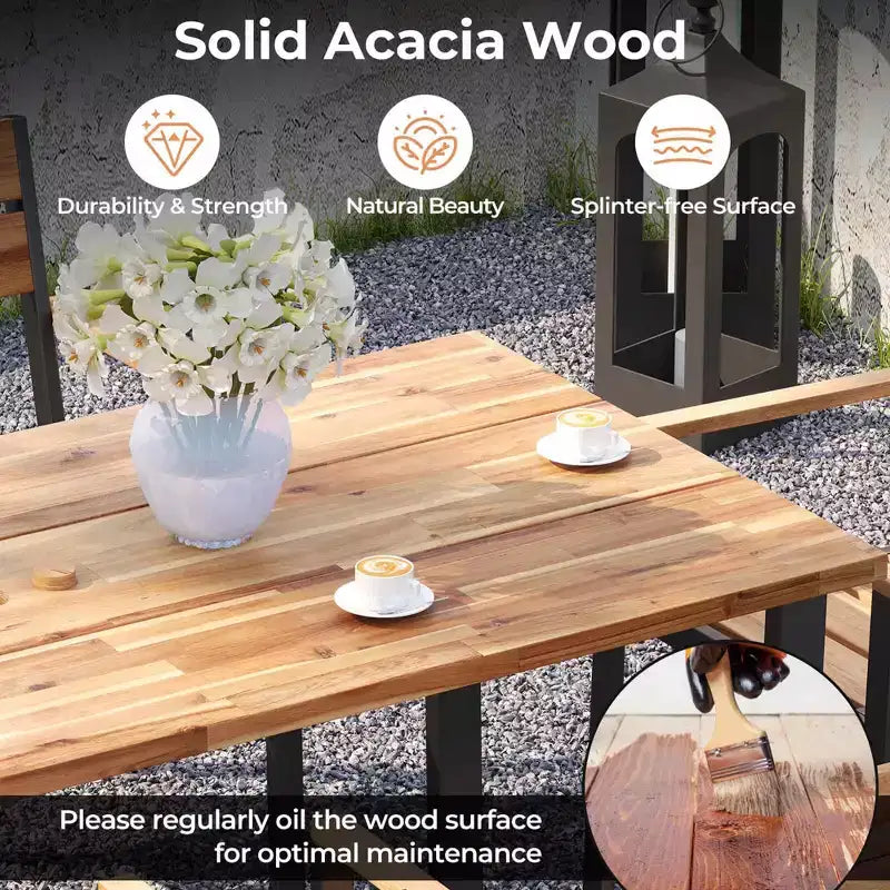 Costway Set da Pranzo per Esterno in Legno di Acacia, 7 Pezzi, 6 Poltrone e Tavolo da 69" con 2 Fori per Ombrellone