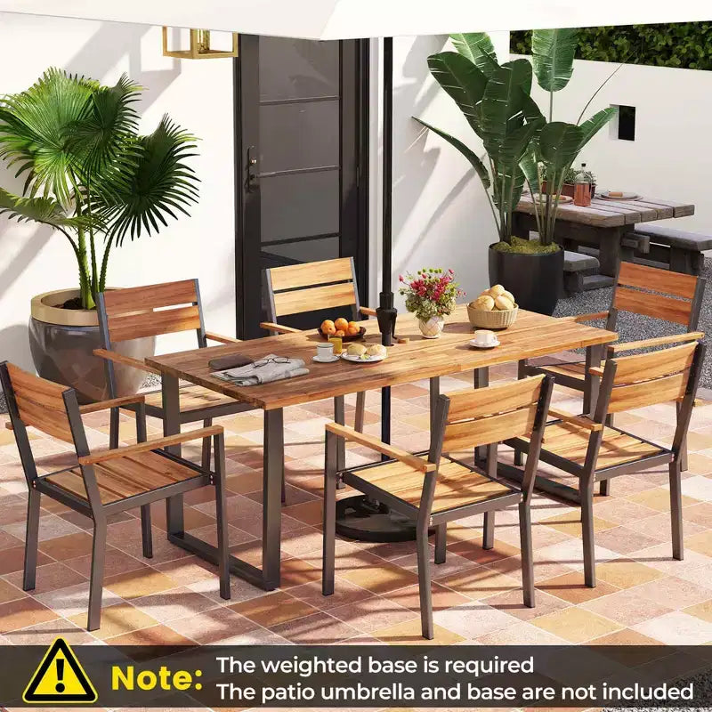 Costway Set da Pranzo per Esterno in Legno di Acacia, 7 Pezzi, 6 Poltrone e Tavolo da 69" con 2 Fori per Ombrellone