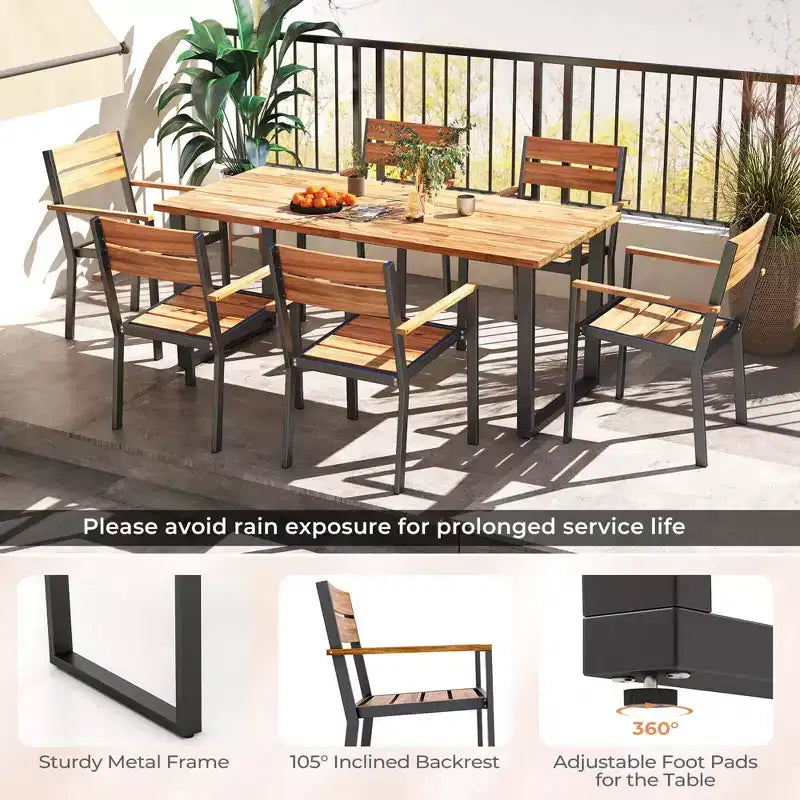 Costway Set da Pranzo per Esterno in Legno di Acacia, 7 Pezzi, 6 Poltrone e Tavolo da 69" con 2 Fori per Ombrellone