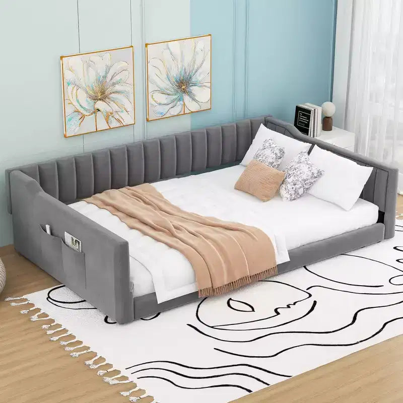 Divano letto imbottito in velluto Twin XL/Full XL con tasche portaoggetti laterali - ModernLuxe