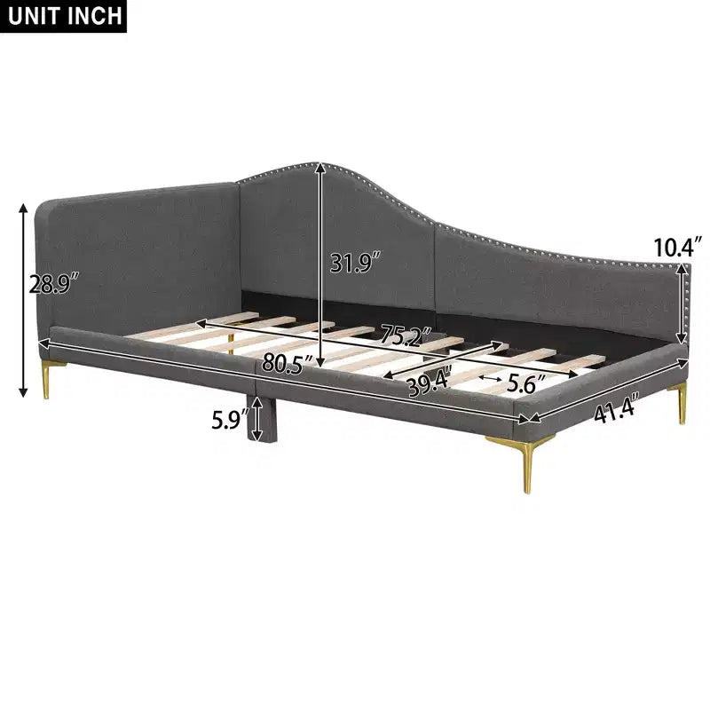 Divano letto imbottito in lino Twin/Full Size con testiera e braccioli, gambe di supporto - HABITRIO