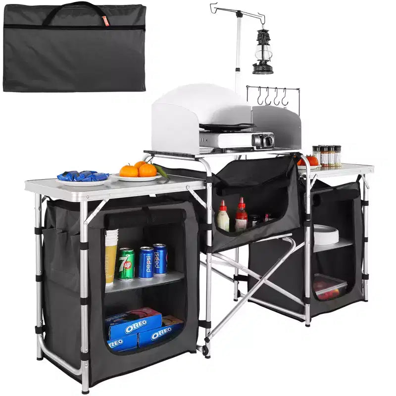 VEVOR Camping Kitchen Table, Folding Outdoor Cooking Table with Storage Carrying Bag, Aluminum Cook Station 3 Cupboard & Detachable Windscreen, Black