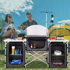VEVOR Tavolo da Campeggio da Cucina, Tavolo Pieghevole da Cucina da Esterno con Borsa per il Trasporto, Stazione di Cottura in Alluminio con 3 Armadietti e Parabrezza Staccabile, Nero