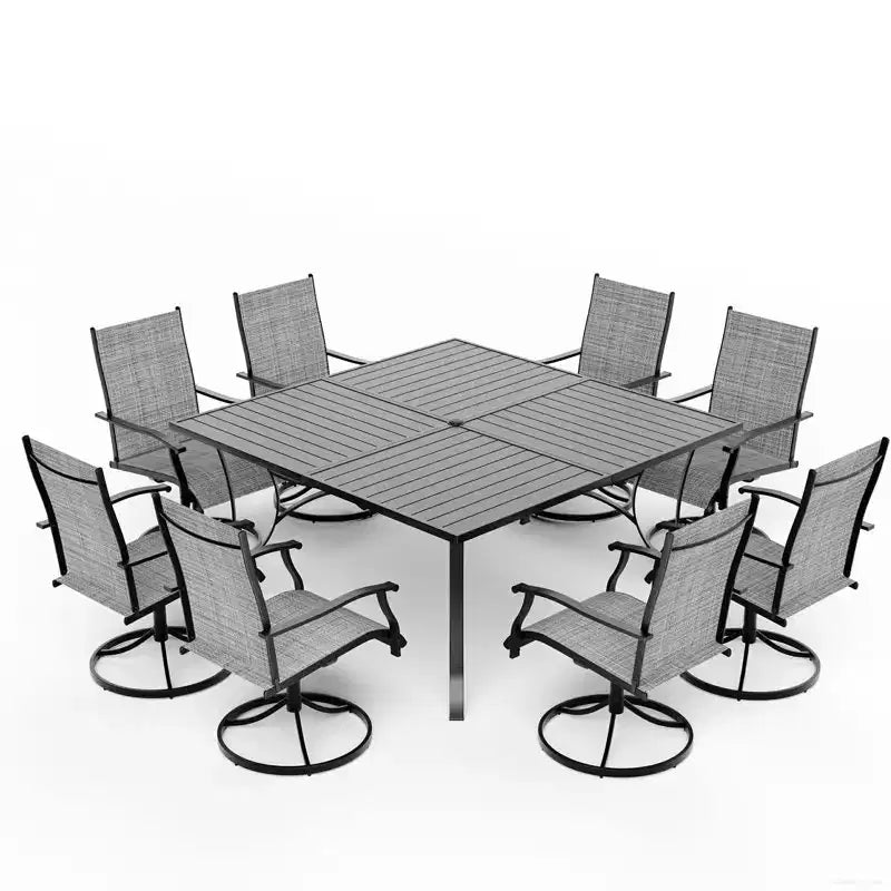 EROMMY Set da pranzo da 9 pezzi per patio, Set tavolo e sedie da pranzo per esterni per 8 persone, Set mobili da giardino per terrazza, cortile, prato, a bordo piscina, Marrone/grigio/blu