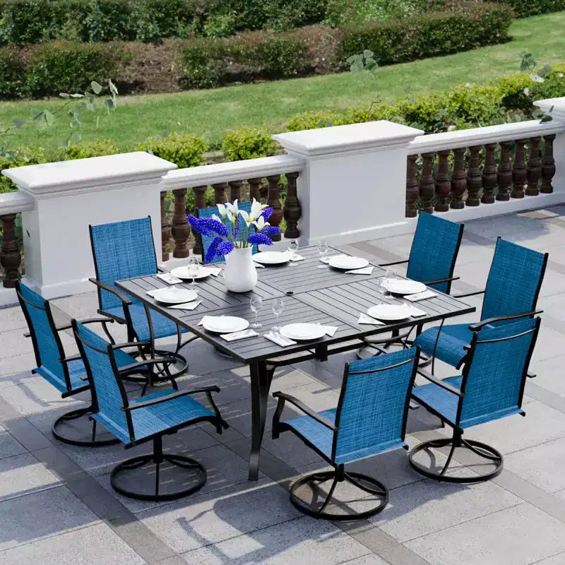 EROMMY Set da pranzo da 9 pezzi per patio, Set tavolo e sedie da pranzo per esterni per 8 persone, Set mobili da giardino per terrazza, cortile, prato, a bordo piscina, Marrone/grigio/blu