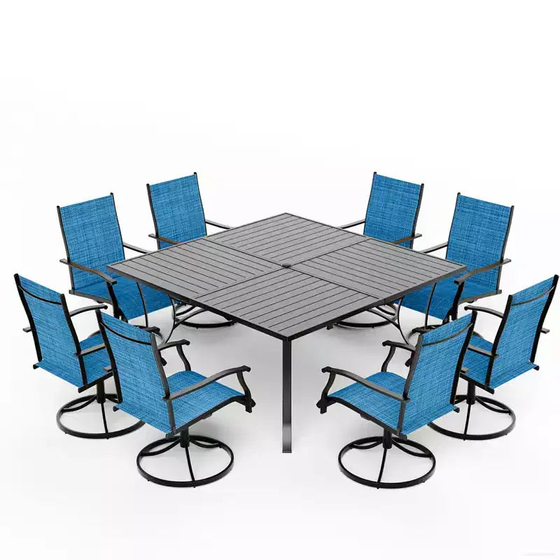 EROMMY Set da pranzo da 9 pezzi per patio, Set tavolo e sedie da pranzo per esterni per 8 persone, Set mobili da giardino per terrazza, cortile, prato, a bordo piscina, Marrone/grigio/blu