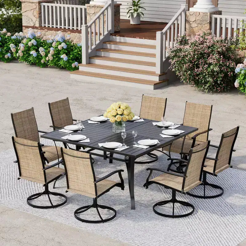 EROMMY Set da pranzo da 9 pezzi per patio, Set tavolo e sedie da pranzo per esterni per 8 persone, Set mobili da giardino per terrazza, cortile, prato, a bordo piscina, Marrone/grigio/blu