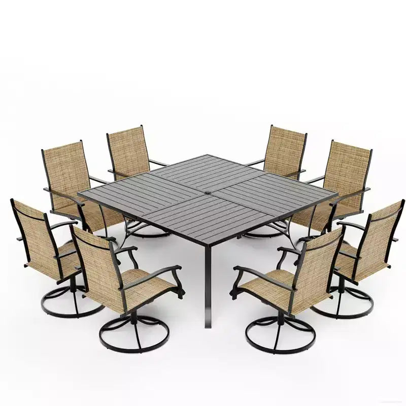 EROMMY Set da pranzo da 9 pezzi per patio, Set tavolo e sedie da pranzo per esterni per 8 persone, Set mobili da giardino per terrazza, cortile, prato, a bordo piscina, Marrone/grigio/blu