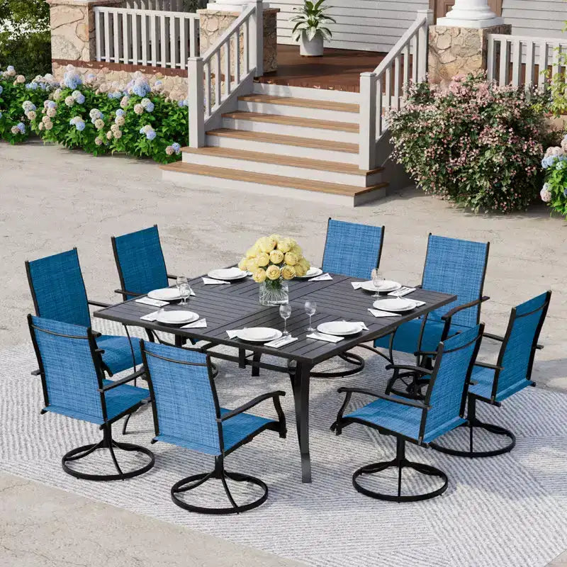 EROMMY Set da pranzo da 9 pezzi per patio, Set tavolo e sedie da pranzo per esterni per 8 persone, Set mobili da giardino per terrazza, cortile, prato, a bordo piscina, Marrone/grigio/blu