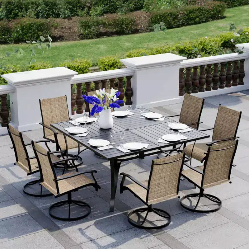 EROMMY Set da pranzo da 9 pezzi per patio, Set tavolo e sedie da pranzo per esterni per 8 persone, Set mobili da giardino per terrazza, cortile, prato, a bordo piscina, Marrone/grigio/blu