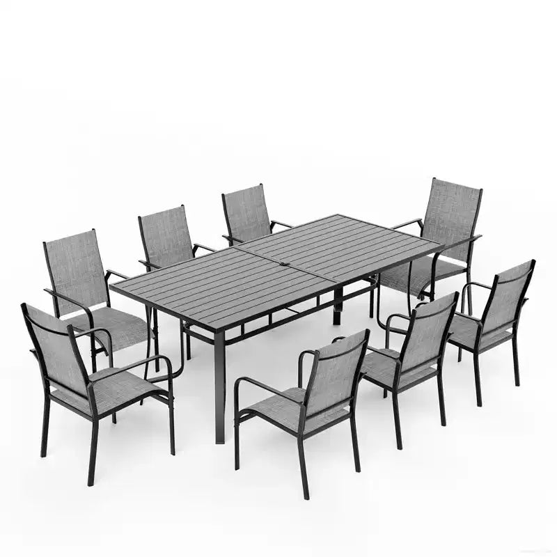 Set da pranzo da esterno EROMMY da 9 pezzi, set tavolo e sedie da esterno per 8 persone, 8 sedie in Textilene, 1 tavolo rettangolare in ferro con foro regolabile per ombrellone