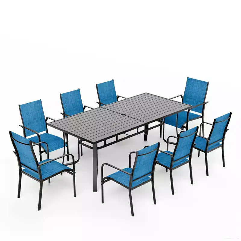 Set da pranzo da esterno EROMMY da 9 pezzi, set tavolo e sedie da esterno per 8 persone, 8 sedie in Textilene, 1 tavolo rettangolare in ferro con foro regolabile per ombrellone