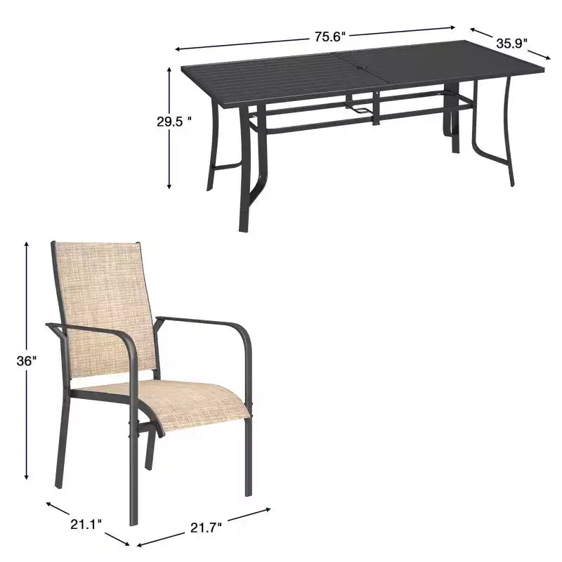 Set da pranzo da esterno EROMMY da 9 pezzi, set tavolo e sedie da esterno per 8 persone, 8 sedie in Textilene, 1 tavolo rettangolare in ferro con foro regolabile per ombrellone