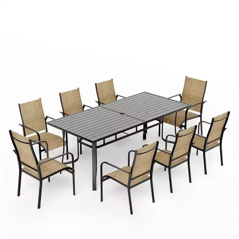 Set da pranzo da esterno EROMMY da 9 pezzi, set tavolo e sedie da esterno per 8 persone, 8 sedie in Textilene, 1 tavolo rettangolare in ferro con foro regolabile per ombrellone