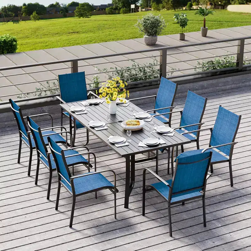 Set da pranzo da esterno EROMMY da 9 pezzi, set tavolo e sedie da esterno per 8 persone, 8 sedie in Textilene, 1 tavolo rettangolare in ferro con foro regolabile per ombrellone